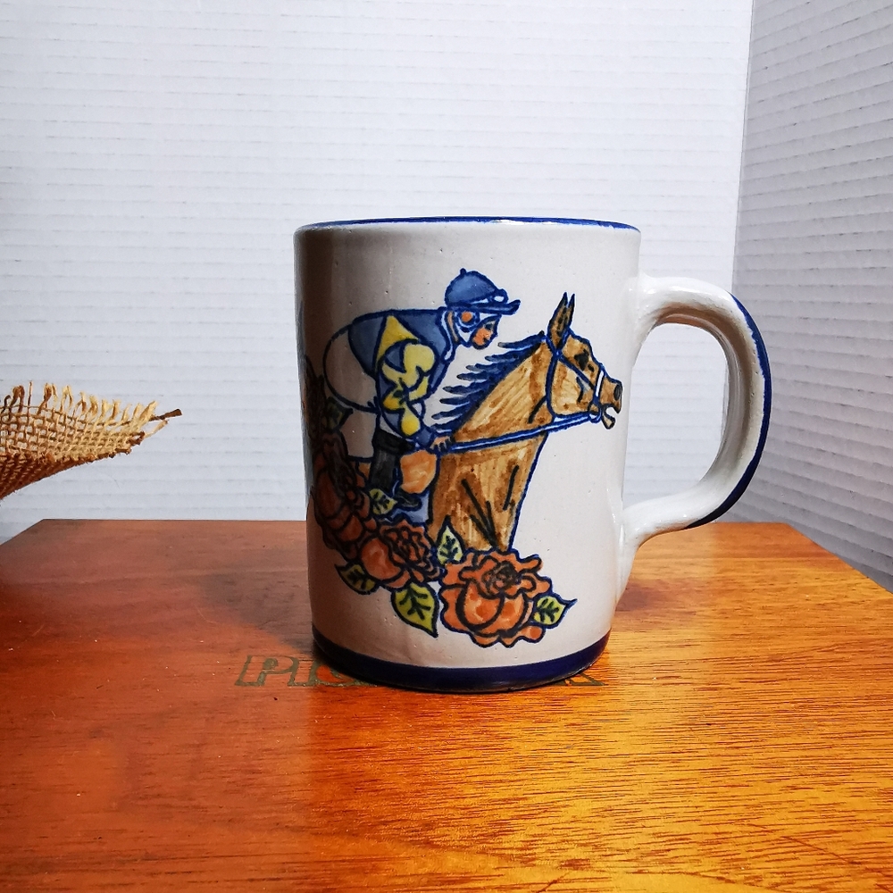 Vintage Churchill Downs Louisville Stoneware Hand Painted Horse and Jockey Mug